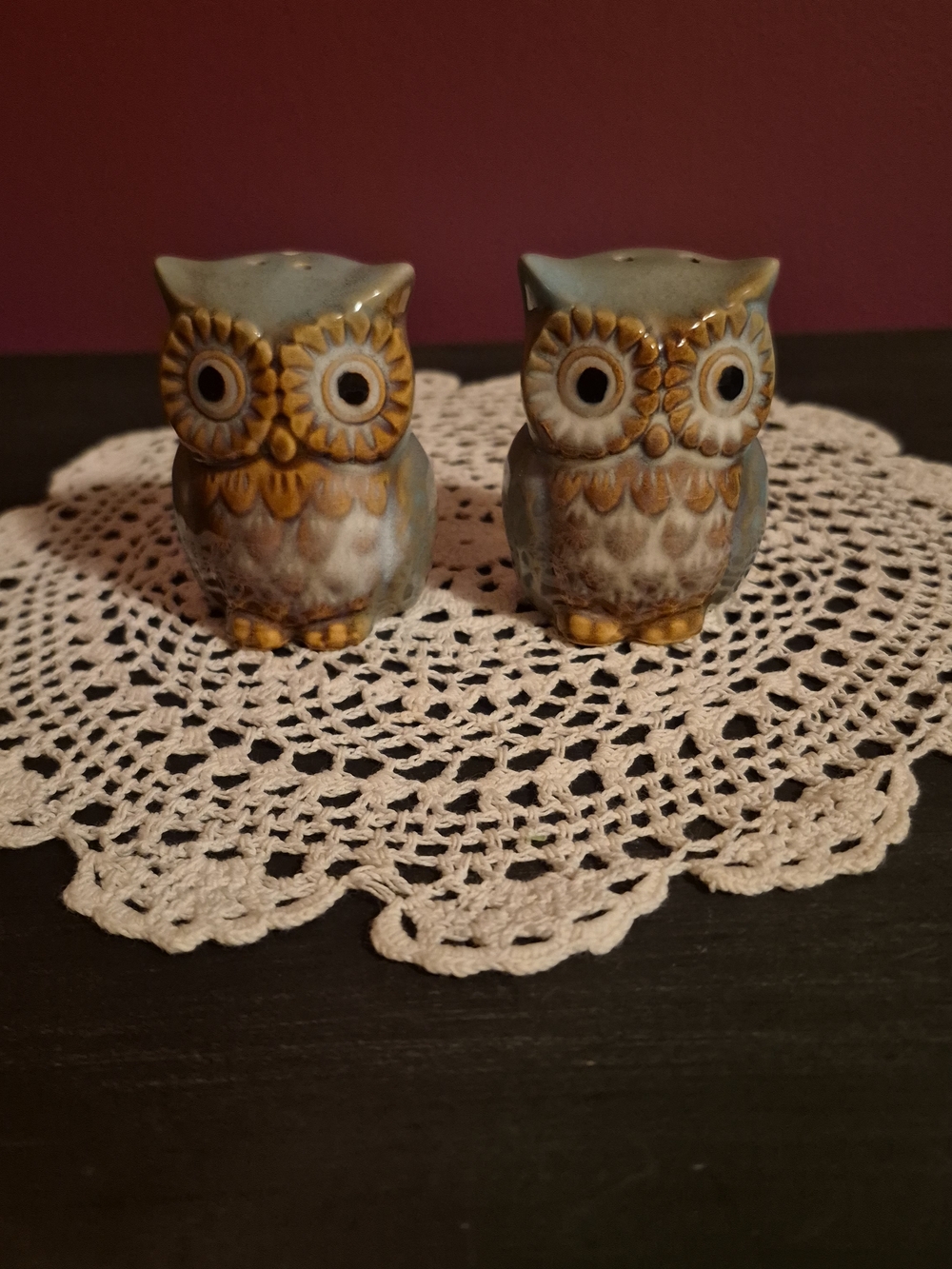 Ceramic Owl Salt and Pepper Shaker Set in Sage Green and Mustard